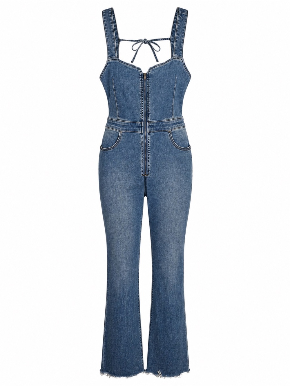 Free People CRVY 2nd Ave Denim Jumpsuit Blue Backless Flare Raw Hem Womens 12